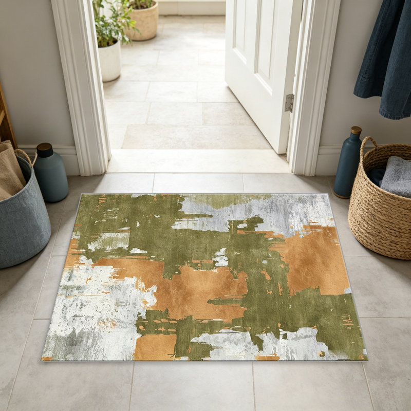 Olive Green and Terracotta Abstract carpet-easy to clean, machine-washable, soft and comfortable; suitable for door mats, kitchens, living rooms, bedrooms, corridors, and laundry areas. Easy to clean, durable carpet for home decoration.