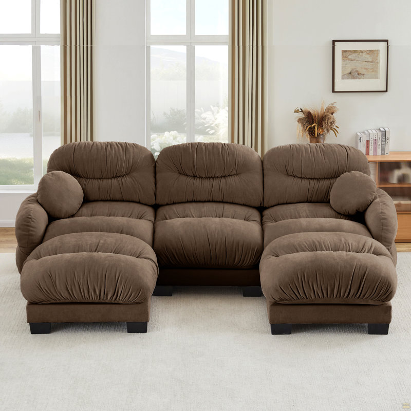 Canapé modulaire confortable en tissu de chenille plissé 3 places avec siège ergonomique en mousse haute densité, canapé modulaire en forme de U avec 2 repose-pieds, accoudoirs arrondis arrondis et 2 coussins décoratifs ronds, brun