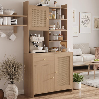 Armoire garde-manger Farmhouse Kitchen - Buffet haut 71 "avec tablettes réglables, support pour micro-ondes, tiroir, 3 portes en rotin - Rangement pour salle à manger, cuisine