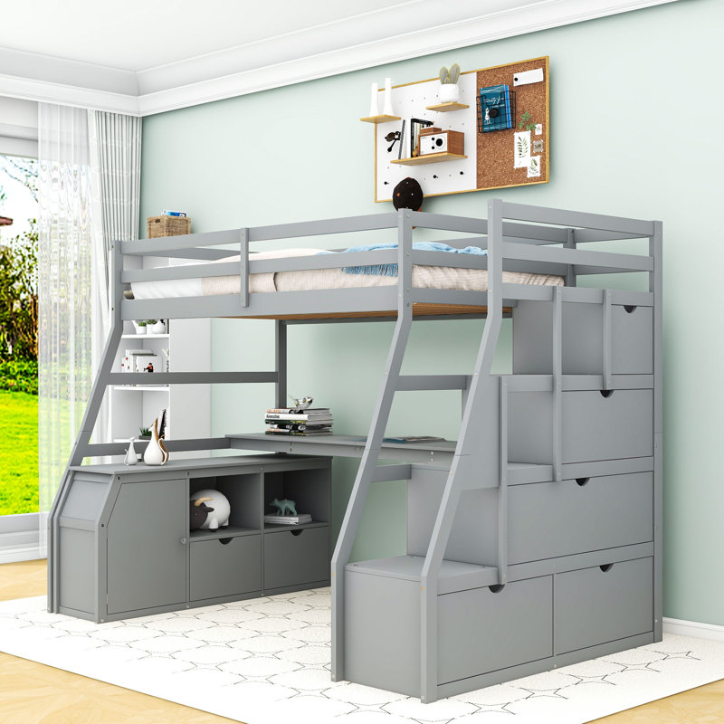 Ginnette 7 Drawer Loft Bed with Built-in-Desk by Harriet Bee, Gray, Full