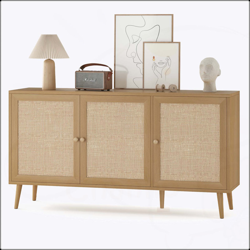 Buffet en rotin naturel avec 3 portes, rangement spacieux et robuste pour les cuisines et les vestibules modernes, Naturel