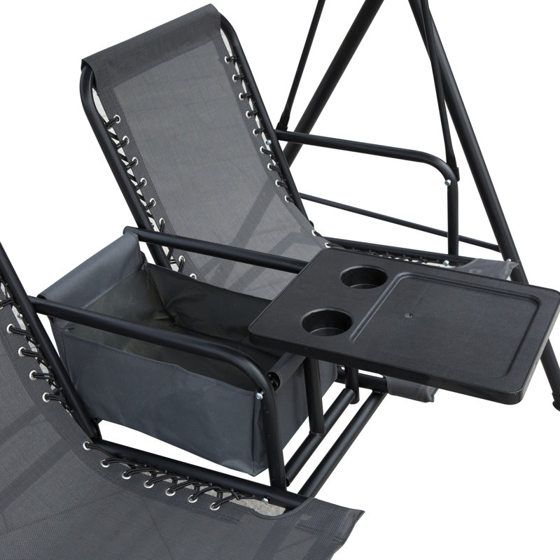 Gray 2-Person Outdoor Swing with Canopy and Storage Table