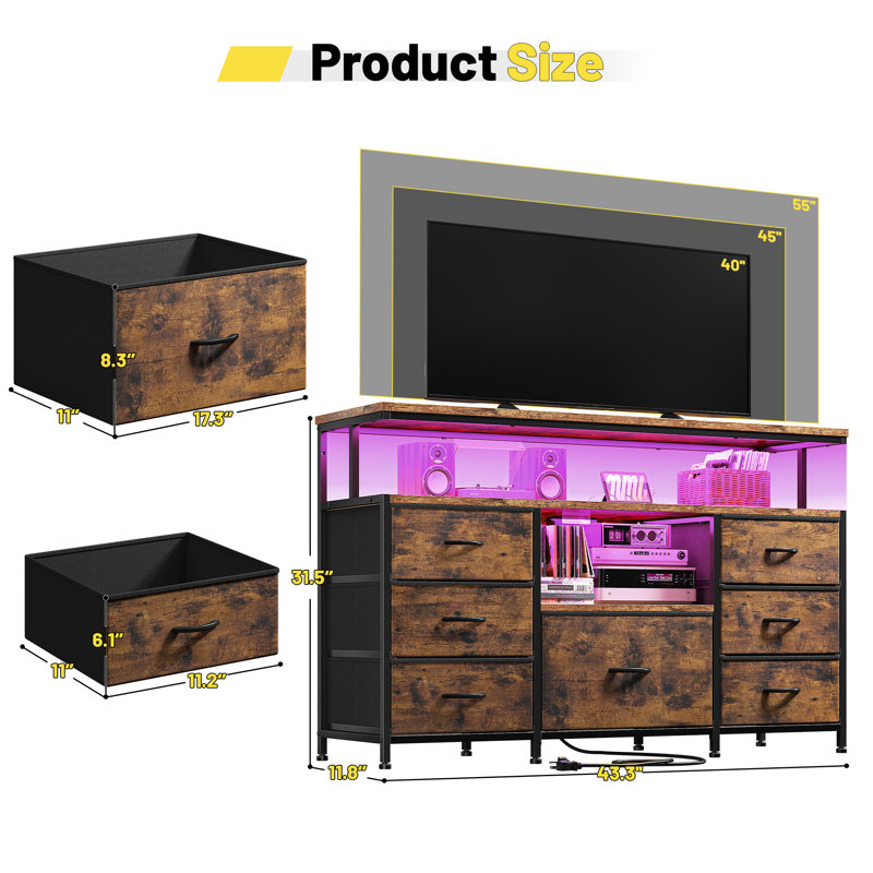 55" TV Stand & Dresser with 7  Fabric Drawers, LED Lights & Power Outlets, Brown