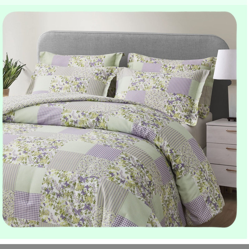 Butterfly Botanical Candy Stripe Checkered Comforter Set