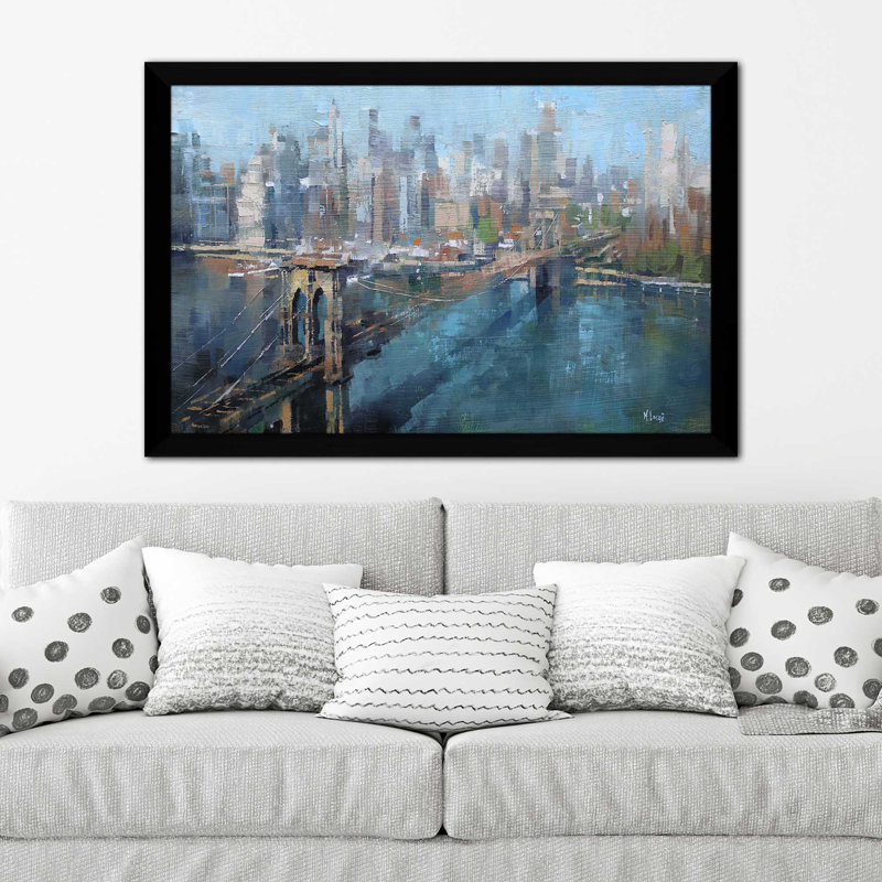 " Brooklyn Bridge " by Mark Lague, Black Framed, 27.5" H x 39.5" W x 0.75" D