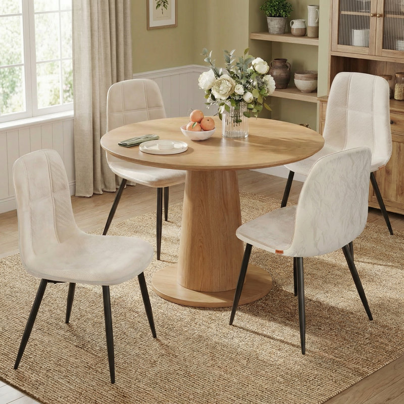 Set of 4 Upholstered Chenille Fabric Leather Dining Chairs, White