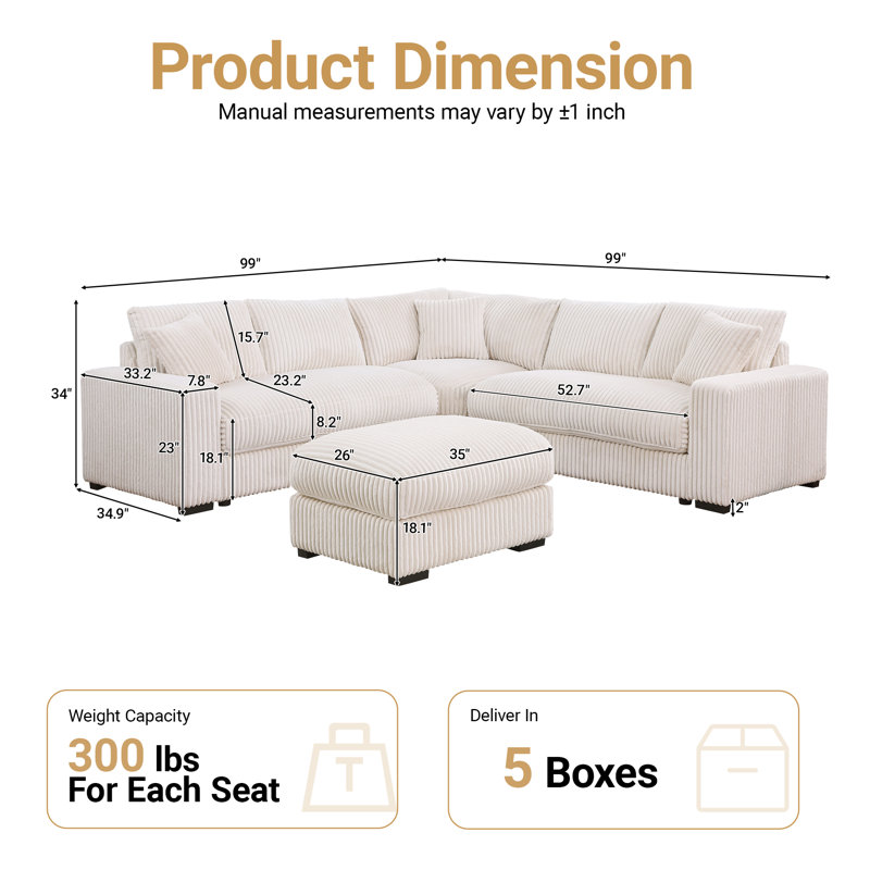 99" W Modular Sectional Sofa 4-Piece Corduroy Deep Seat Couch With Corner & 35" Wide Cloud Movable Ottoman, Beige Corduroy