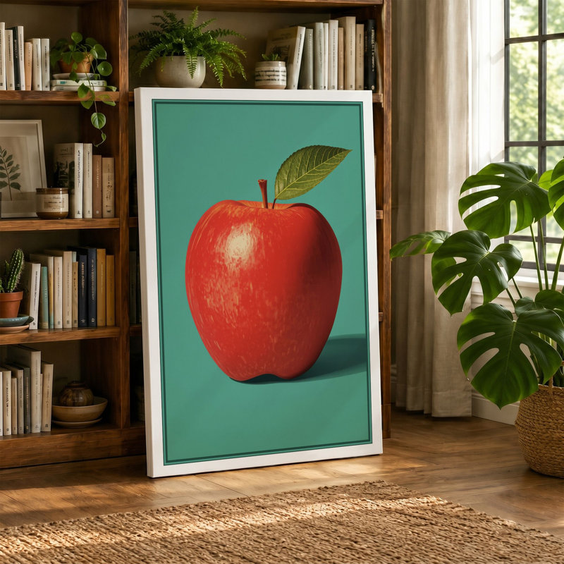 Single Apple with Leaf Minimalist 1 Piece Wrapped Canvas Wall Art, 36x24 - 91.4 x 61.0 cm, Taupe Border