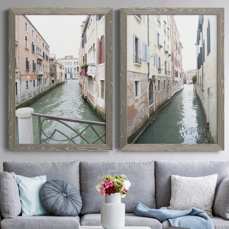 Venice Canal I - ensemble de 2 photos sur toile tendues, H 20 po x l 34 po x P 1,5 po, Encadré gris