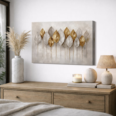 Oeuvre de feuilles d'or minimal, photos de salon botaniques élégantes, impression sur toile encadrée