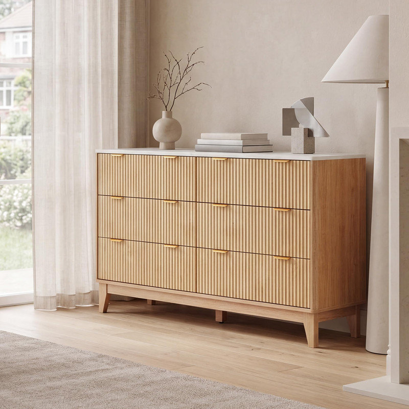 Modern 6 Drawer Dresser – Tall Wood Chest with Curved Grooved Front & Gold Handles