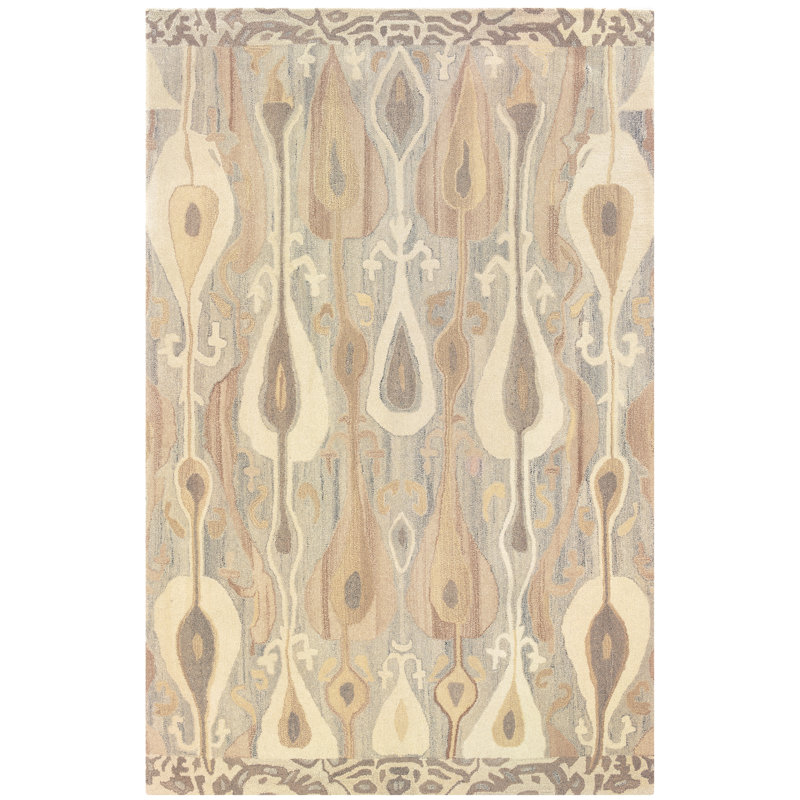 Tapis beige / vert en laine touffeté à la main à motif d'ikat Donalda, Rectangle 12 pi x 15 pi