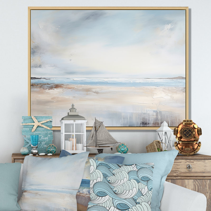 «Beige and Blue Beach Minimal Horizon II», art mural plage côtière, Cadre naturel flottant, H 34 po x l 44 po x P 1,5 po