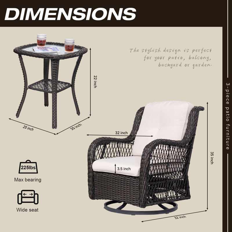 Ensemble de conversation d'extérieur pour 2 personnes avec coussins Bautram, Beige, Brun