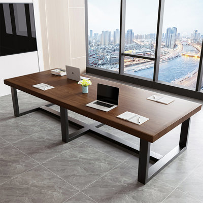 Solid wood rectangular dining table with metal base