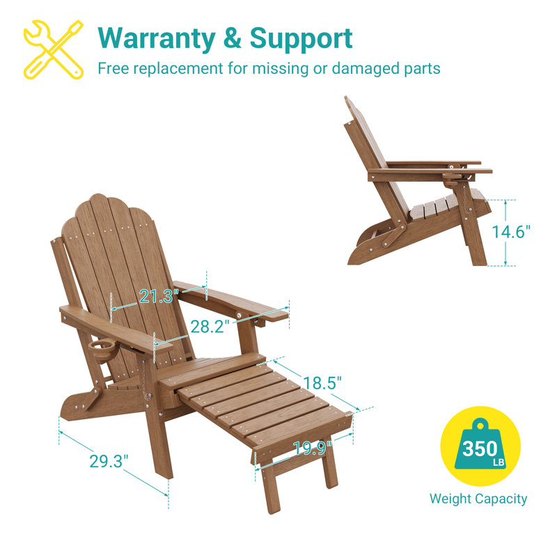 Folding Adirondack Chair with Retractable Ottoman and Cup Holder, Outdoor HDPE Lounge Chair, Teak