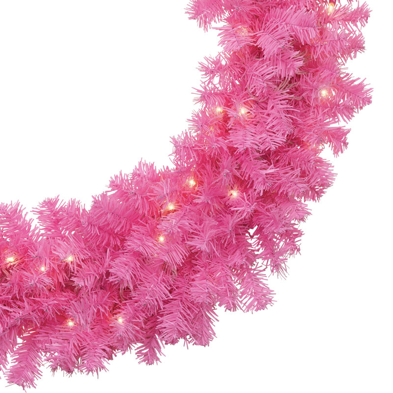 Pre-Lit Artificial Pine Christmas Wreath - Clear Lights, 36" H x 36" W x 6" D, Pink