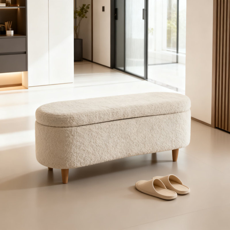 Banc de rangement incurvé avec couvercle rabattable et revêtement en tissu doux pour la chambre à coucher et le vestibule