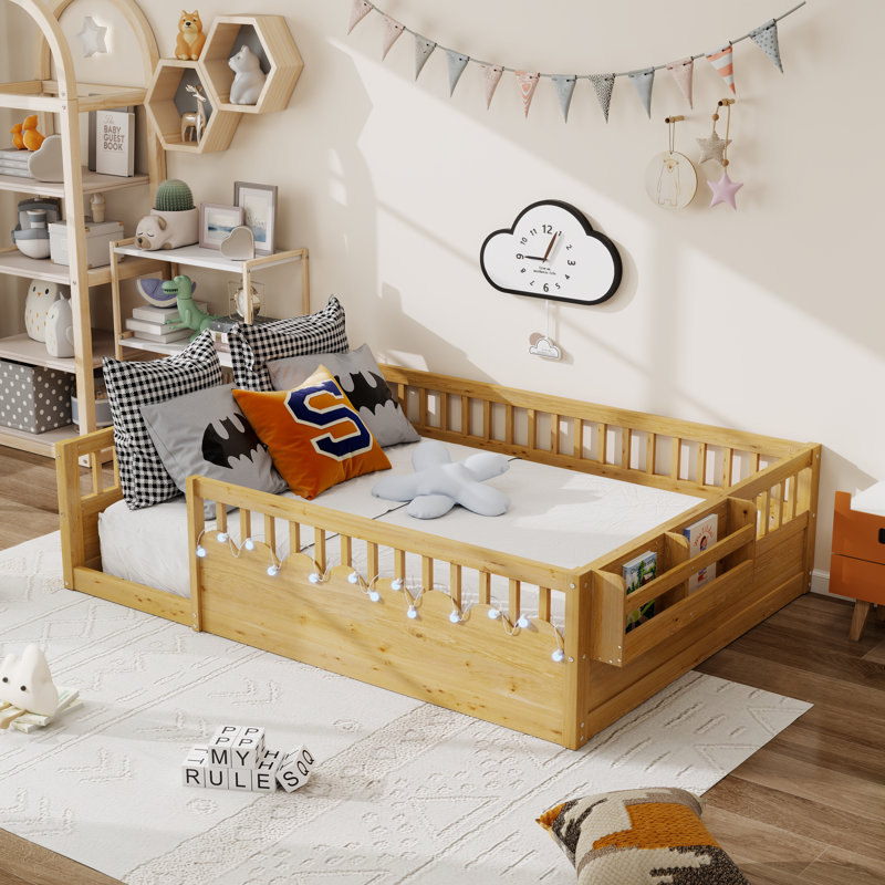 Full Size Floor Bed For Children With High Rails,Light And Storage Shelf, Natural