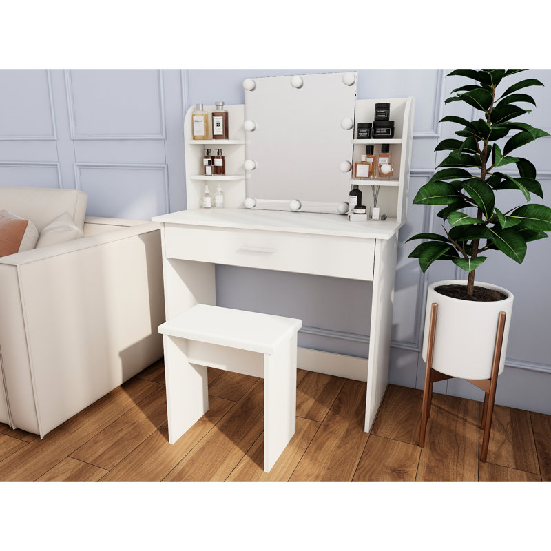 Table de coiffeuse avec un tiroir, miroir réglable, amplement de tablettes ouvertes, tabouret confortable, design moderne, blanc antique, panneau de particules +, table de miroir avec tiroir d'une hauteur de 50,66 po, rangement élégant assorti