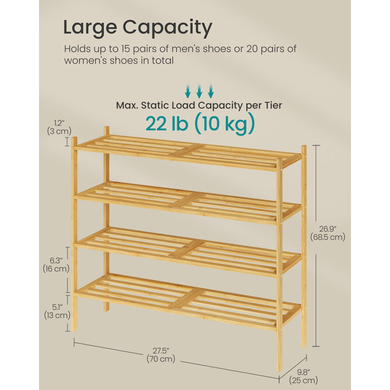 Bamboo Shoe Rack 4 Tier Stackable Space Saving Storage Shelf Holds 15 to 20 Pairs for Entryway Bedro