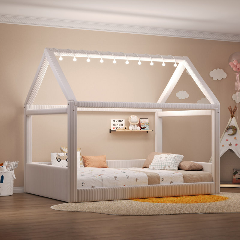 Upholstered House Daybed With LED Lights, Beige