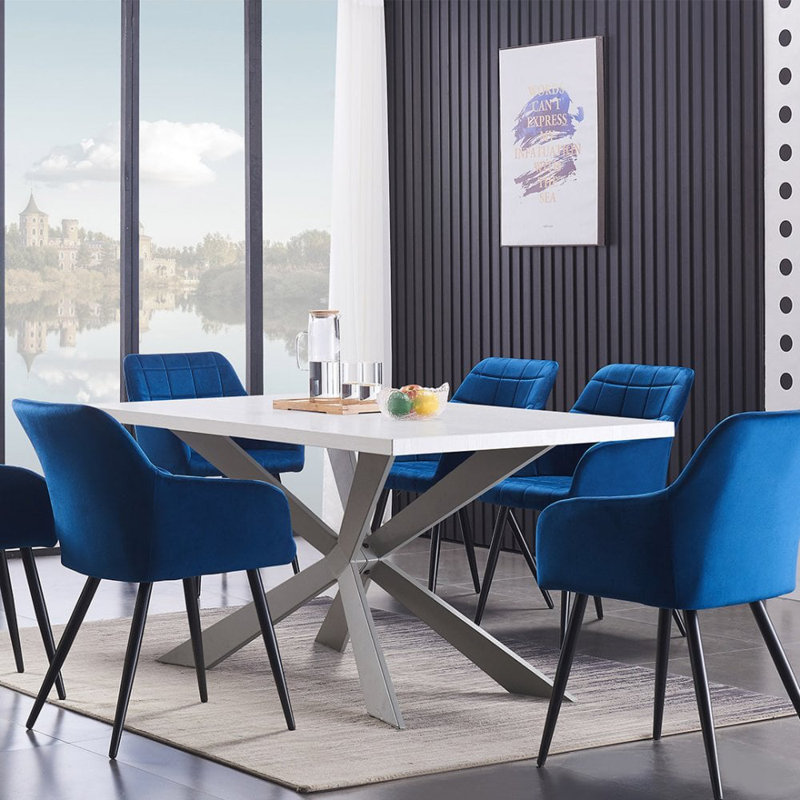 Yerres 6 Person Dining set - a Rectangular Wooden Dining Table with Metal Legs and a Set of 6 Quilted Velvet Dining Chairs for Dining Room - Modern Dining Table Set