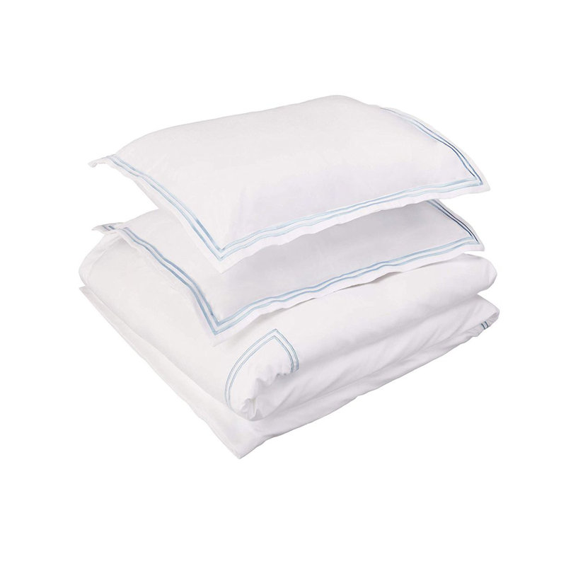 500TC Cotton Double Embroidery Sateen Solid Duvet Cover Set, Oversize King/King Duvet Cover, Yes, White/Light Blue