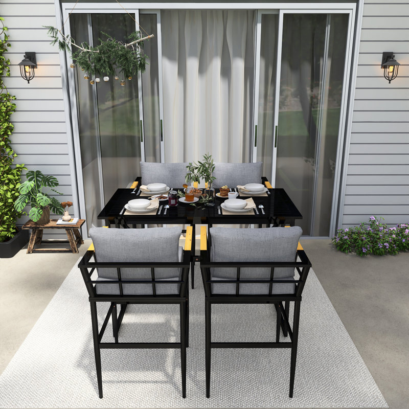 4-Person Rectangle Iron Outdoor Patio Dining Set With Thickened Cushions, Gray