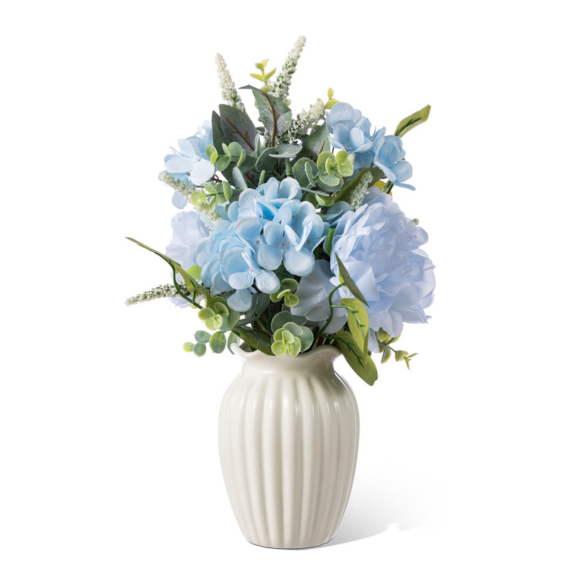 Centre de table pivoine bleue et hortensia 18 po avec vase en céramique
