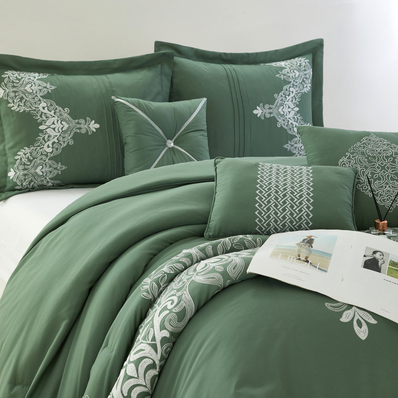Ensemble d'édredon traditionnel 7 pièces Kelly, Édredon de très grande taille et 6 pièces suppl, Vert