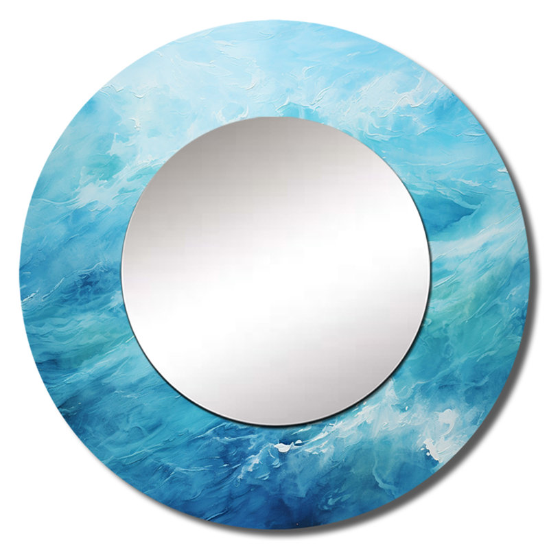 Rushil Azure Blue Lagoon Horizon I - Waves Wall Mirror, Blue Round Decorative Mirror, Printed Metal Art, 29" x 29"