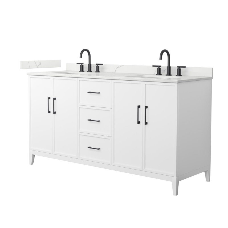 Ensemble de meuble-lavabo double 66 po avec plateau en quartz Elan, Blanc, Noir mat, Centre de 8 po