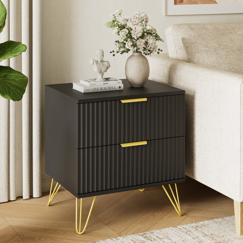 Fluted Nightstand With 2 Drawers, Black