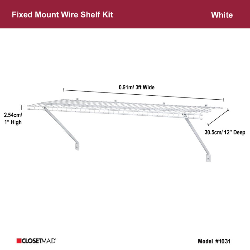 White Wire Shelf Kit 1 Tier Shelving Unit for Wardrobe or Utility Storage, 30.5cm H x 91.5cm W x 30.5cm D