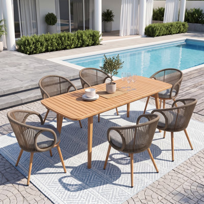 7-Piece Modern Coastal Patio Dining Set, Extension Wooden Table And Woven Dining Chairs With Cushions