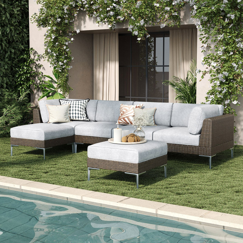  6-piece Wicker Rattan Patio Furniture Set, Deep Seating Outdoor Modular Sectional Sofa Conversation Set With Thick Cushions For Lawn, Garden