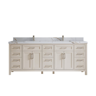 Cambridge 84 In. W X 22 In. D Double Sink Bathroom Vanity In Fine Grain With 2 In. Calacatta Gold Quartz