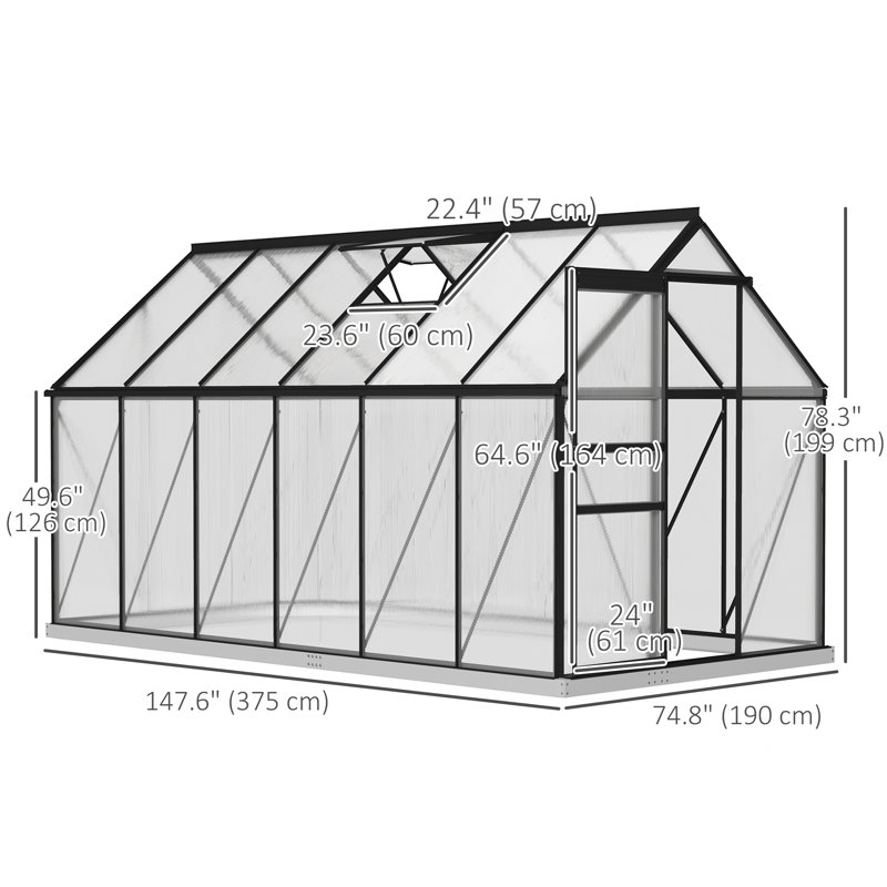 Serre en polycarbonate, serre accessible à pied, Gris,  6 pi x 12 pi x 6,5 pi