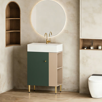 Évier de meuble-lavabo de 21,6 po, armoire à motif ondulé, accents en cuivre brossé et lavabo contemporain en céramique facile à entretenir, porte à fermeture en douceur, grand espace de rangement pour l'organisation de la salle de bain