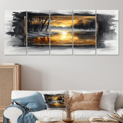 Winter in Winter Landscape Evening Golden Glow II - Ensemble de décorations murales paysage d'hiver