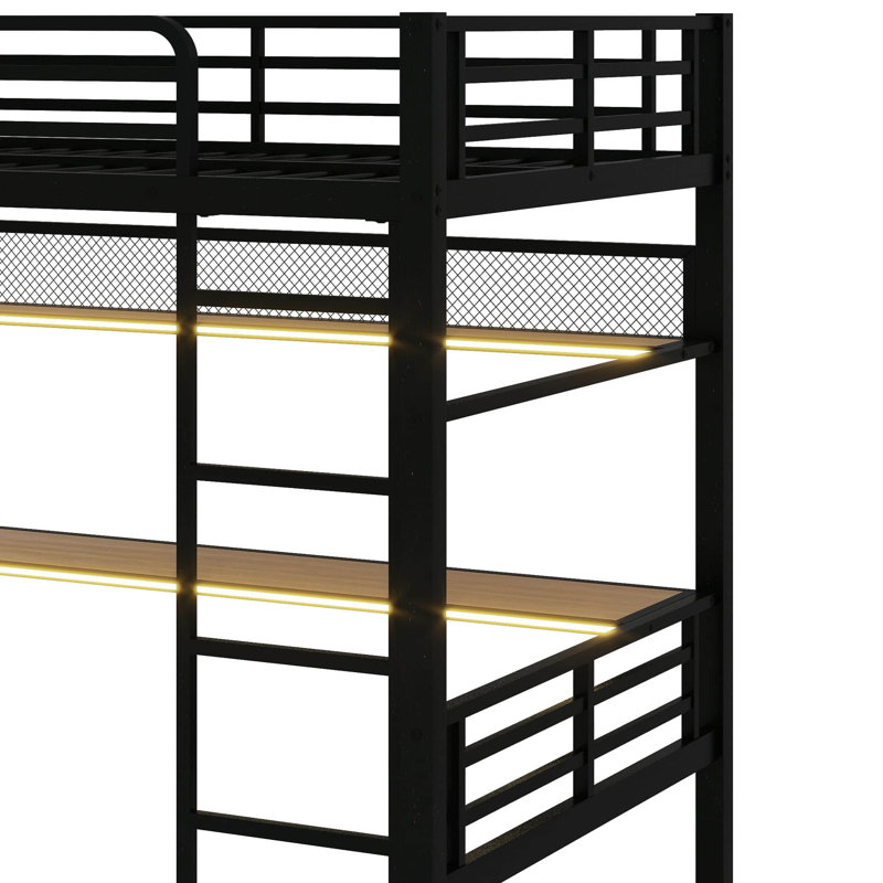 Full Size Metal Loft Bed Frame With Storage Shelf,Iron Mesh And LED Light