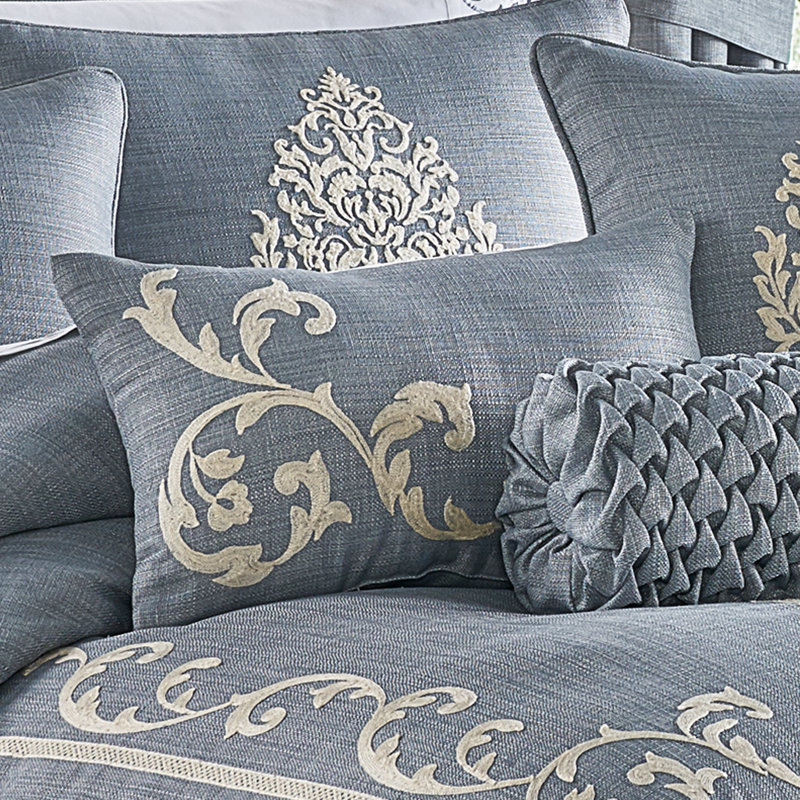 Blue and Ivory Embroidered Rectangular Throw Pillow