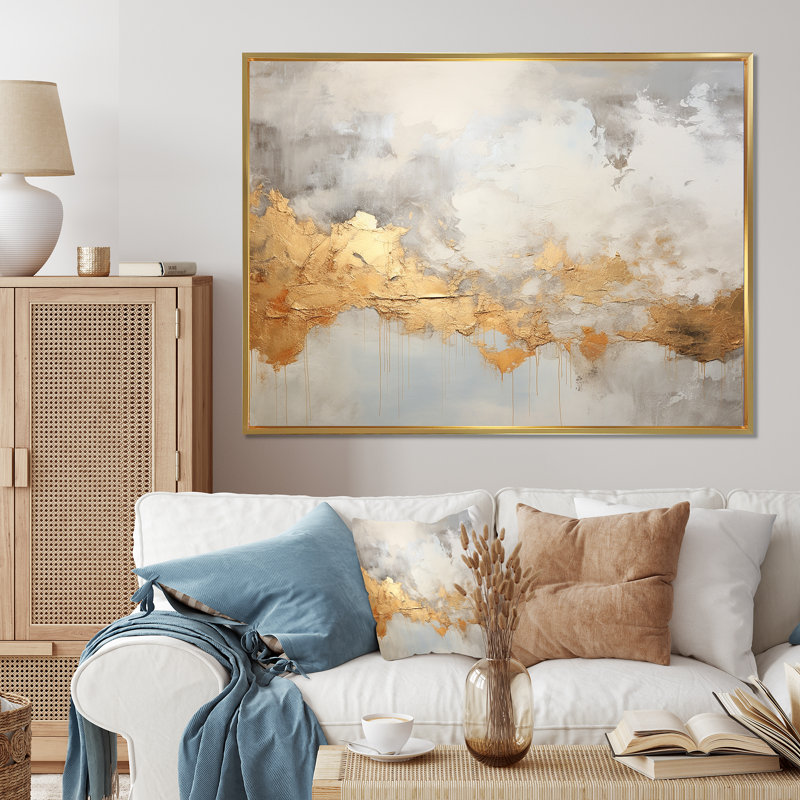Tempêtes de minimalisme beige sur toile, Cadre flottant doré, H 12 po x l 20 po x P 1 po