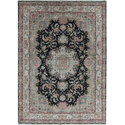 Wool Oriental Area Rug in Black/Light Green/Pink