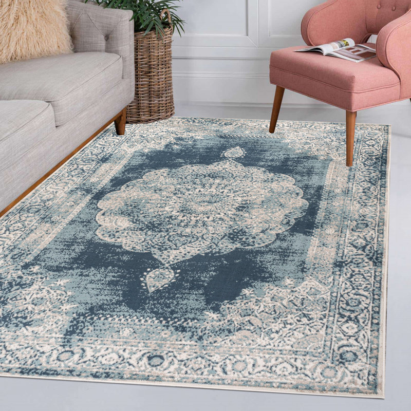 Rosalia Cottage Medallion Ivory/Blue Rug, Rectangle 3' x 5'