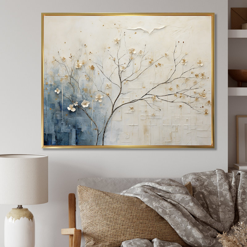 Minimalisme beige et bleu campagne - campagne encadrée, art mural, Cadre flottant doré, H 16 po x l 32 po x P 1 po