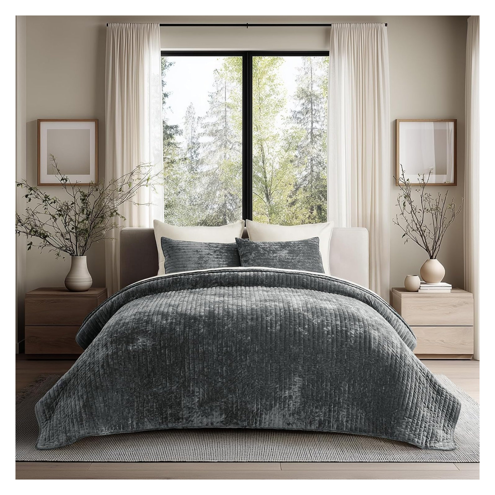 Luxe Velvet Channel Quilt Set, Charcoal Gray, California King