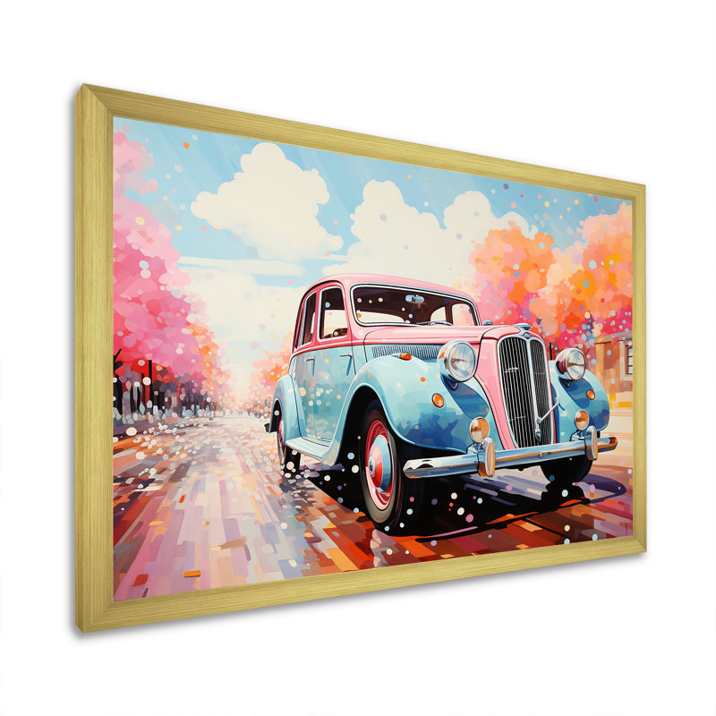 «Pastel Vintage Pink Car Adventure», impressions sur toile rétro, H 12 po x l 20 po x P 1 po, Cadre photo doré simple