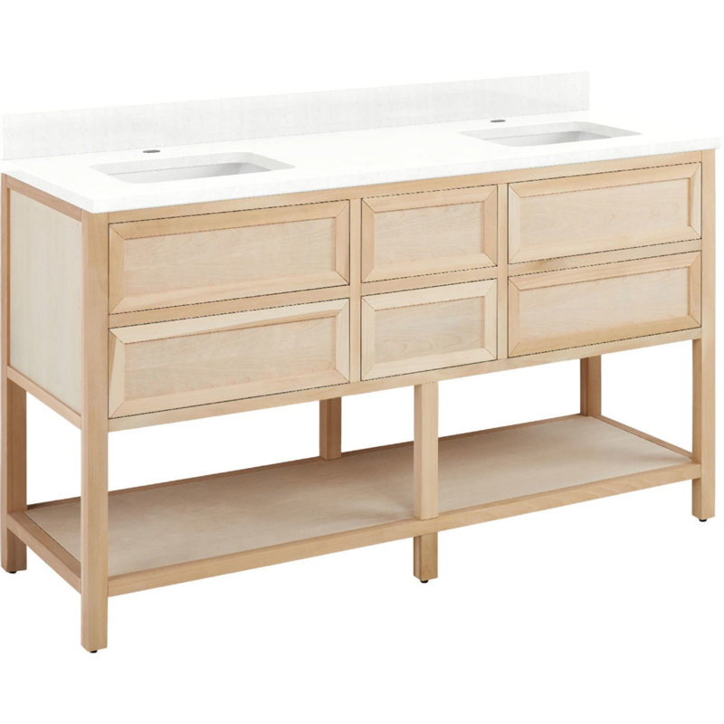 60" Robertson Double Bathroom Vanity Set with Rectangular Undermount Sinks, Feathered White Quartz, Single-Hole Centered
